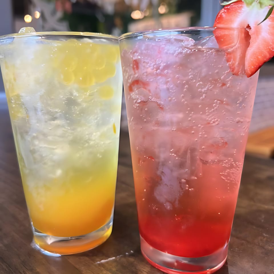 Two refreshing Thai Bistro & Bar drinks: a yellow soda with boba and a red soda with a strawberry garnish.